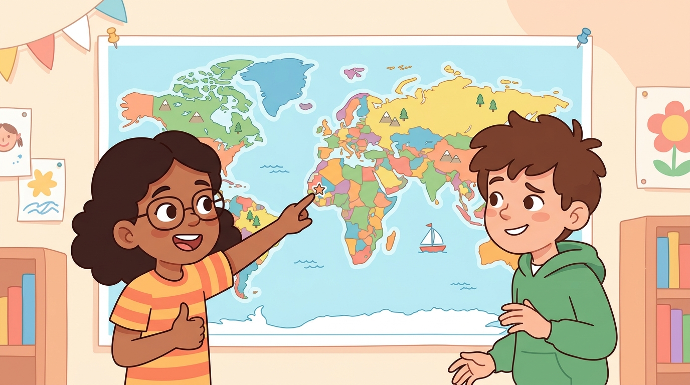Deux enfants donnent leur avis devant une carte du monde